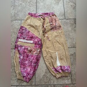 POL Pink and Tan Bohemian Patchwork Pants- LARGE- Harem/ lantern